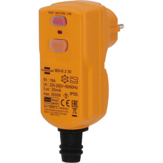 Brennenstuhl BDI-S 2 30 RCD Αντάπτορας Ατομικής Προστασίας 30mA, IP55, Yellow (1290670)