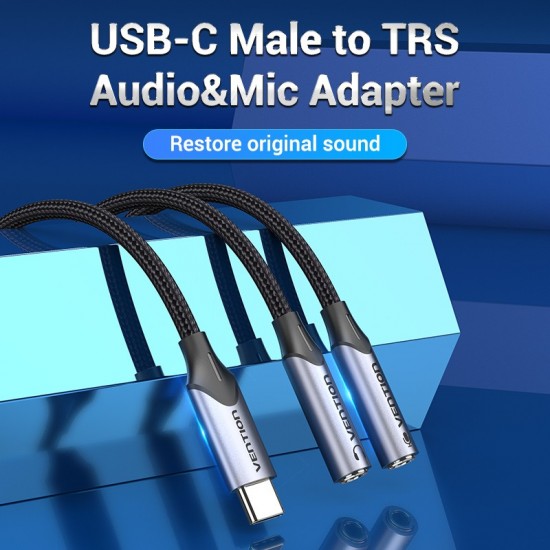 VENTION Type-C Male to TRS Audio & Mic Splitter 0.3M Gray Aluminum Alloy Type (BGPHY)