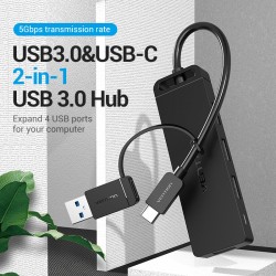 VENTION 4-Port USB 3.0 Hub with Type-C & USB 3.0 2-in-1 Interface and Power Supply 0.15M Black ABS Type (CHTBB)