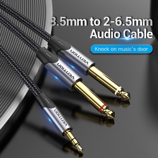 VENTION Cotton Braided TRS 3.5mm Male to 2*6.5mm Male Audio Cable 5M Gray Aluminum Alloy Type (BARHJ)