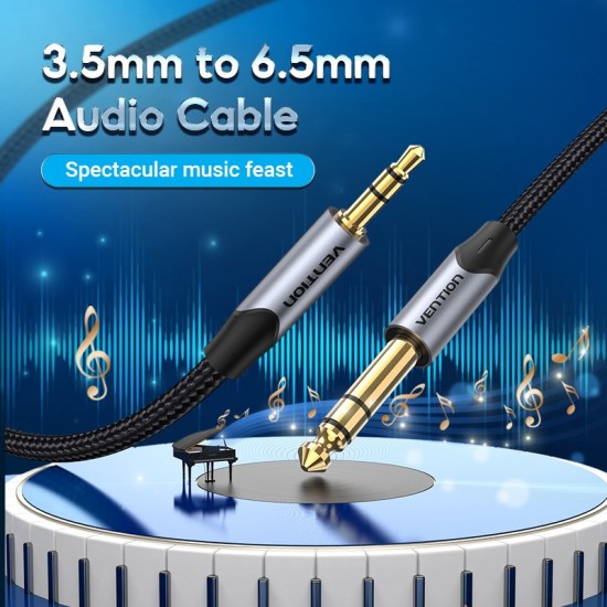 VENTION Cotton Braided TRS 3.5mm Male to 6.5mm Male Audio Cable 2M Gray Aluminum Alloy Type (BAUHH)