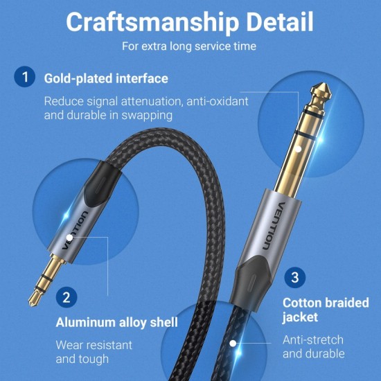 VENTION Cotton Braided TRS 3.5mm Male to 6.5mm Male Audio Cable 1M Gray Aluminum Alloy Type (BAUHF)