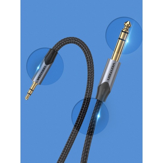 VENTION Cotton Braided TRS 3.5mm Male to 6.5mm Male Audio Cable 2M Gray Aluminum Alloy Type (BAUHH)