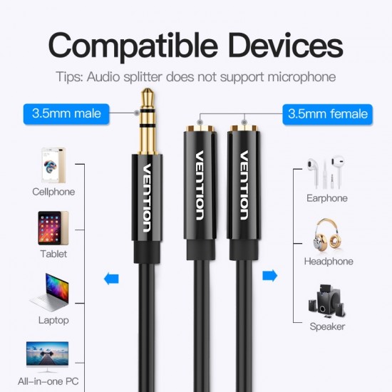 VENTION 3.5mm Male to 2*3.5mm Female Stereo Splitter Cable 0.3M Black ABS Type (BBSBY)