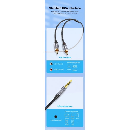 VENTION 3.5mm Male to 2RCA Male Audio Cable 3M Gray Aluminum Alloy Type (BCNBI)