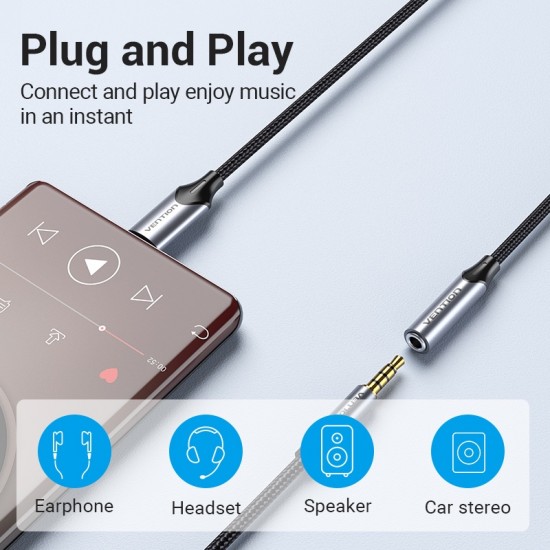 VENTION Type-C Male to 3.5mm Earphone Jack with DAC Adapter 0.1M Gray Aluminum Alloy Type (BGMHA)