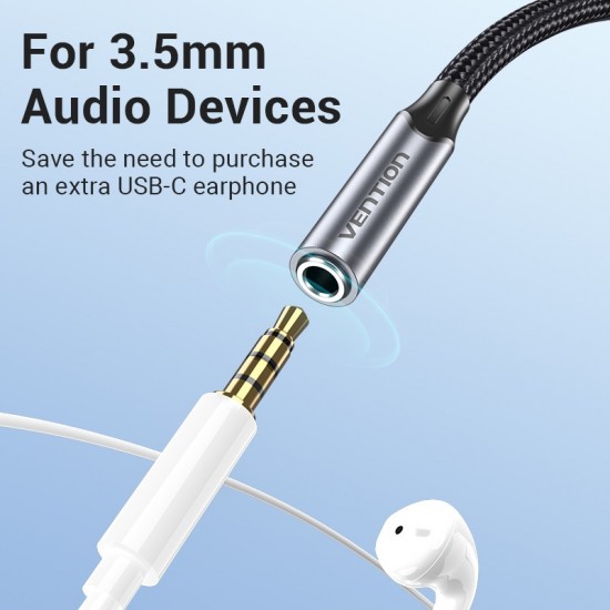 VENTION Type-C Male to 3.5mm Earphone Jack with DAC Adapter 0.1M Gray Aluminum Alloy Type (BGMHA)