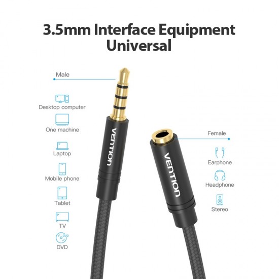 VENTION Cotton Braided 3.5mm Audio Extension Cable 0.5M Black Metal Type (BHBBD)