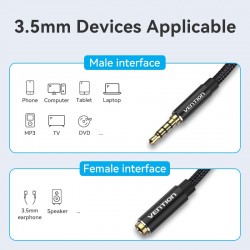 VENTION Cotton Braided TRRS 3.5mm Male to 3.5mm Female Audio Extension Cable 0.5M Black Aluminum Alloy Type (BHCBD)