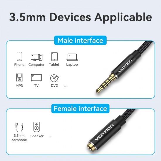 VENTION Cotton Braided TRRS 3.5mm Male to 3.5mm Female Audio Extension Cable 2M Black Aluminum Alloy Type (BHCBH)