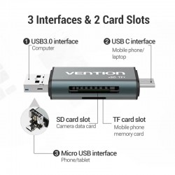 VENTION USB 3.0 A / Type-C / Micro USB Multi-Function Card Reader (SD+TF) Gray Metal Type (CCHH0)