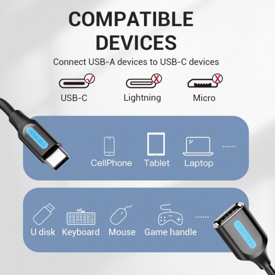 VENTION Type-C Male to USB A Female OTG Cable 0.15M Black PVC Type (CCSBB)