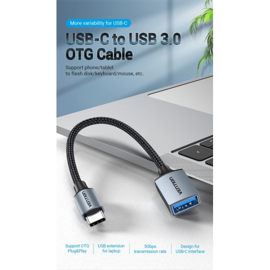 VENTION USB 3.0 Type-C Male to A Female OTG Cable 0.15M Gray Aluminum Alloy Type (CCXHB)