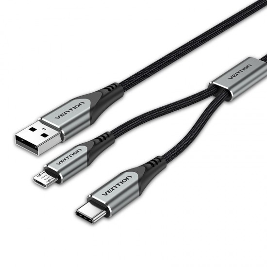 VENTION Nylon Braided USB 2.0 A Male to Type-C 3A & Micro B Male 2A Y-Splitter Cable 0.5M Gray Aluminum Alloy Type (CQGHD)