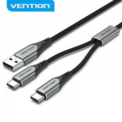 VENTION Nylon Braided USB 2.0 A Male to Dual Type-C Male Y-Splitter Cable 1M Gray Aluminum Alloy Type (CQOHF)