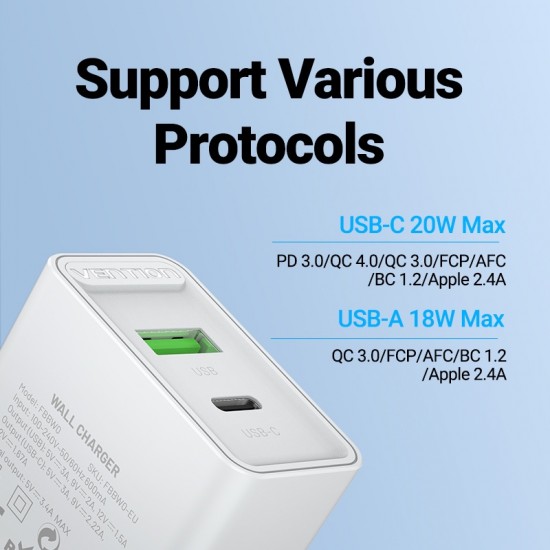 VENTION 2-Port USB (A+C) Wall Charger (18W/20W) EU White (FBBW0-EU)