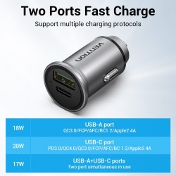 VENTION 2-Port USB (A+C) Car Charger (18W/20W) Gray Mini Style Aluminium Alloy Type (FFBH0)