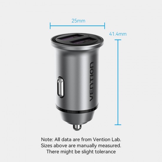 VENTION 2-Port USB (A+A) Car Charger (30W/30W) Gray Mini Style Aluminium Alloy Type (FFEH0)