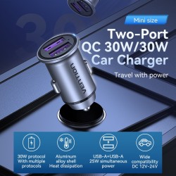 VENTION 2-Port USB (A+A) Car Charger (30W/30W) Gray Mini Style Aluminium Alloy Type (FFEH0)