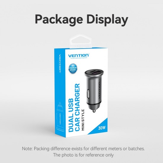 VENTION 2-Port USB (A+C) Car Charger (30W/30W) Gray Mini Style Aluminium Alloy Type (FFFH0)