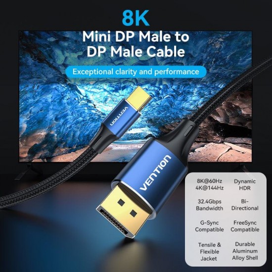 VENTION Cotton Braided 8K Mini DisplayPort to DisplayPort Cable 2M Blue Aluminum Alloy Type (HCFLH)