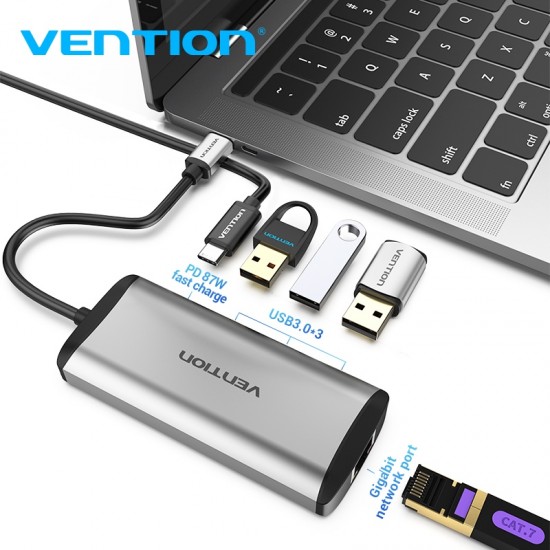 VENTION Type-C to USB 3.0x3/Gigabit Ethernet/PD 87W Docking Station 0.15M Gray Metal Type (TGDHB)