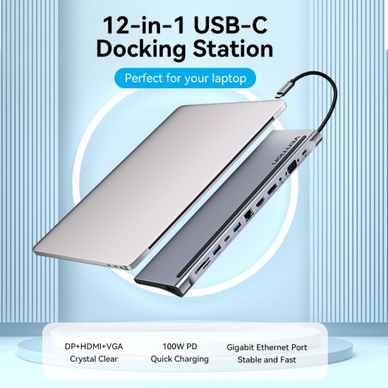 VENTION Type-C to DisplayPort/HDMI/VGA/USB-C Gen 1/USB 3.0x2/USB 2.0/RJ45/SD/TF/TRRS 3.5mm/PD 100W Docking Station 0.25M Gray Metal Type (THSHC)