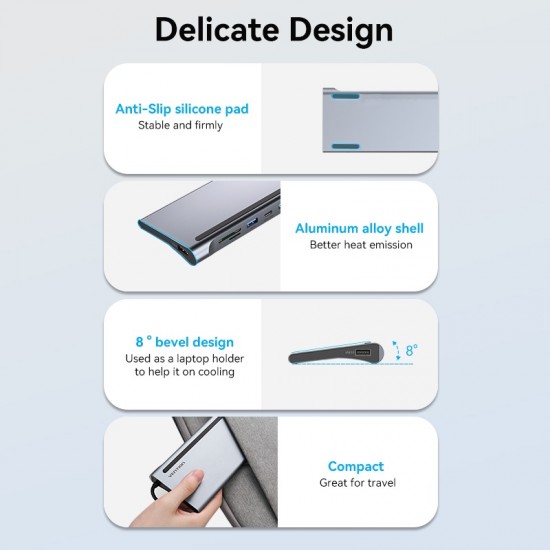 VENTION Type-C to DisplayPort/HDMI/VGA/USB-C Gen 1/USB 3.0x2/USB 2.0/RJ45/SD/TF/TRRS 3.5mm/PD 100W Docking Station 0.25M Gray Metal Type (THSHC)