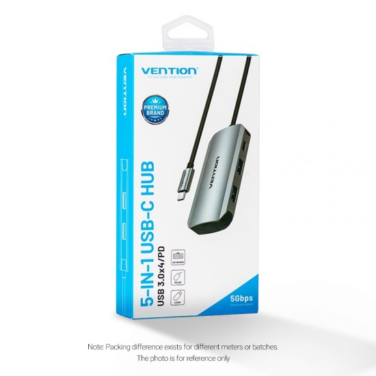 VENTION Type-C to USB 3.0x4/PD 100W Hub 0.15M Gray Aluminum Alloy Type (TNBHB)