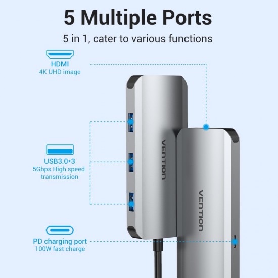 VENTION Type-C to HDMI/USB 3.0x3/PD 100W Docking Station 0.15M Gray Aluminum Alloy Type (TODHB)