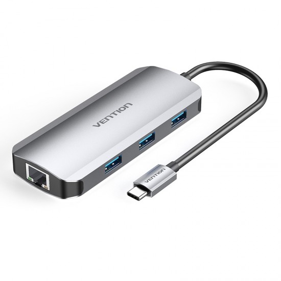 VENTION Type-C to HDMI/USB 3.0x3/RJ45/PD 100W Docking Station 0.15M Gray Aluminum Alloy Type (TOHHB)