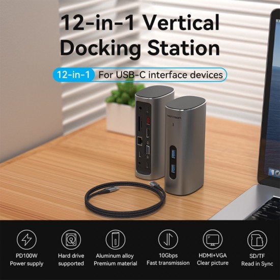 VENTION Type-C to HDMI/VGA/USB 3.1 Gen 2/USB 3.1 Gen 2-C/USB 3.0x2/RJ45/SD/TF/TRRS 3.5mm/PD 100W/DC 10W Docking Station Gray Vertical Aluminum Alloy Type (TPJH0-EU)