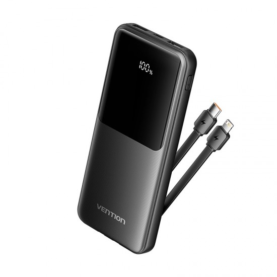 VENTION 10.000mAh Power Bank (Micro-USB + USB-C + USB-A + USB-A) with Built-In Type-C and Lightning Cables 22.5W Black Led Display Type (FHOB0)