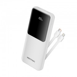 VENTION 10.000mAh Power Bank (Micro-USB + USB-C + USB-A + USB-A) with Built-In Type-C and Lightning Cables 22.5W White Led Display Type (FHOW0)