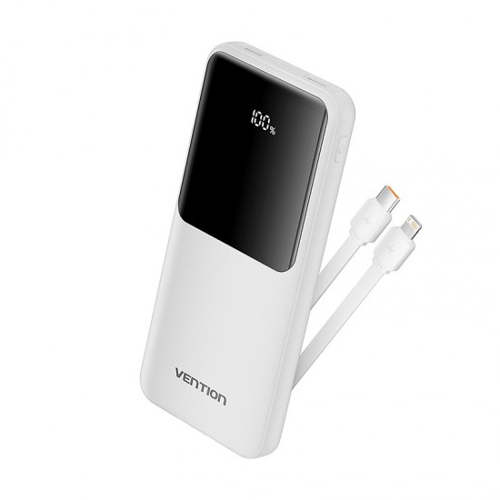 VENTION 10.000mAh Power Bank (Micro-USB + USB-C + USB-A + USB-A) with Built-In Type-C and Lightning Cables 22.5W White Led Display Type (FHOW0)