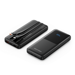 VENTION 10.000mAh Power Bank (Micro-USB + USB-C + USB-A + USB-A) with Built-In Type-C and Lightning Cables 22.5W Black Led Display Type (FHOB0)