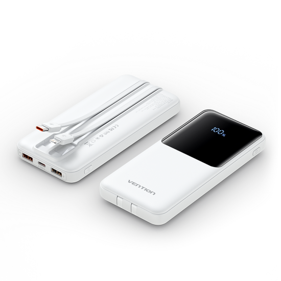 VENTION 10.000mAh Power Bank (Micro-USB + USB-C + USB-A + USB-A) with Built-In Type-C and Lightning Cables 22.5W White Led Display Type (FHOW0)