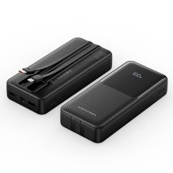 VENTION 20.000mAh Power Bank (Micro-USB + USB-C + USB-A + USB-A) with Built-In Type-C and Lightning Cables 22.5W Black Led Display Type (FHPB0)