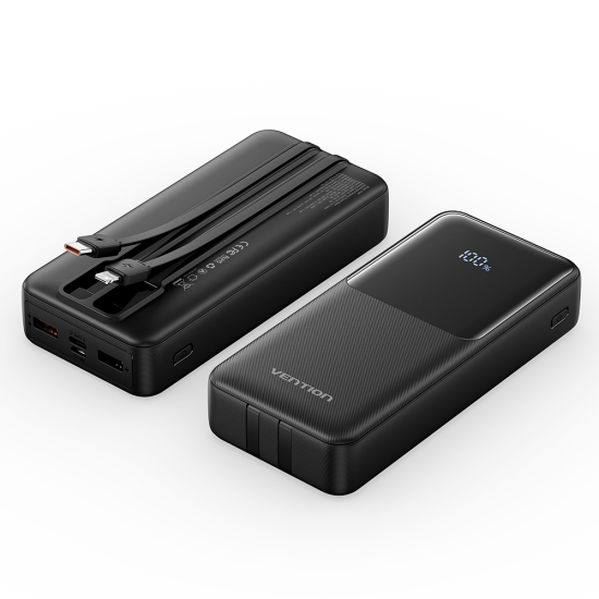 VENTION 20.000mAh Power Bank (Micro-USB + USB-C + USB-A + USB-A) with Built-In Type-C and Lightning Cables 22.5W Black Led Display Type (FHPB0)