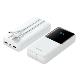 VENTION 20.000mAh Power Bank (Micro-USB + USB-C + USB-A + USB-A) with Built-In Type-C and Lightning Cables 22.5W White Led Display Type (FHPW0)