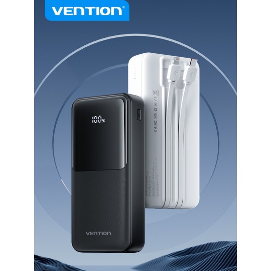 VENTION 20.000mAh Power Bank (Micro-USB + USB-C + USB-A + USB-A) with Built-In Type-C and Lightning Cables 22.5W Black Led Display Type (FHPB0)